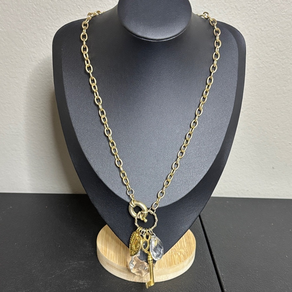 Gold Tone Key And Lock Charm Long Chain Link Necklace